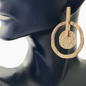 Circle Disc Hammered Brushed Gold Metal Drop Earrings